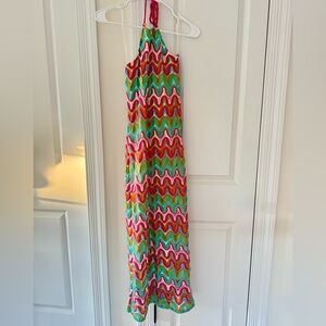 Gianni Bini Pink Orange and Green Crochet Detail Halter Dress